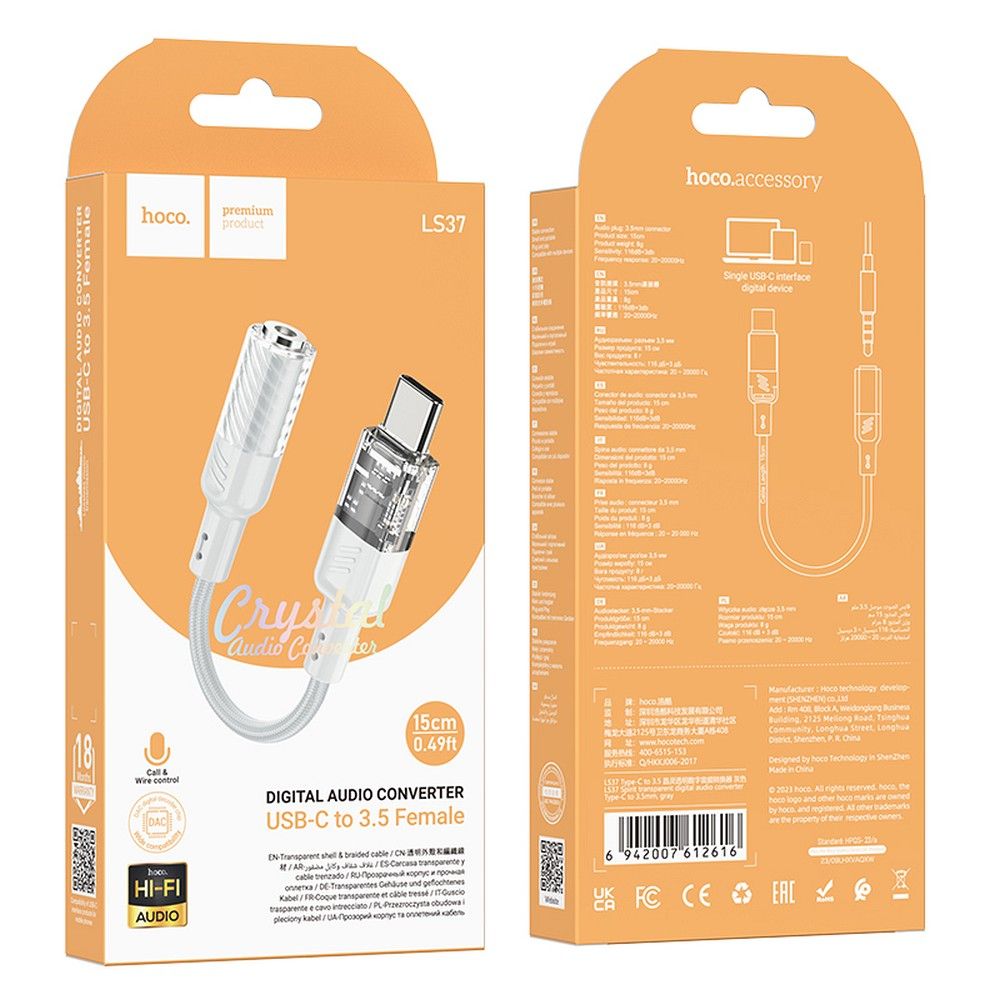 Audio adaptér USB-C - 3.5mm HOCO LS37, Sivý