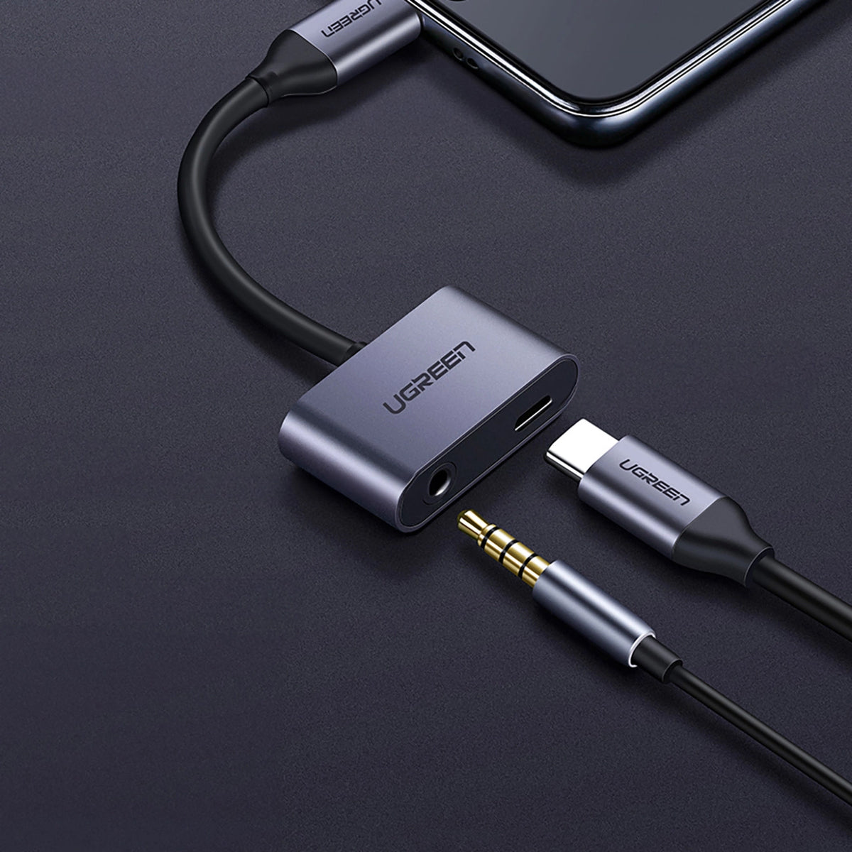 Audio adaptér USB-C - 3.5mm / USB-C UGREEN CM193, Sivý