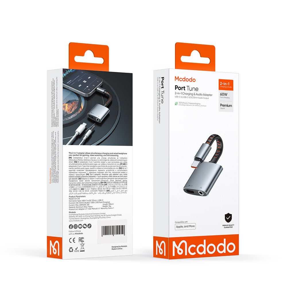 Audio adaptér USB-C - USB-C / 3.5mm McDodo CA-3120, Sivý