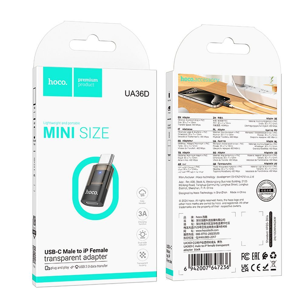 Adaptér pre dáta a nabíjanie Lightning - USB-C HOCO UA36D, Čierny