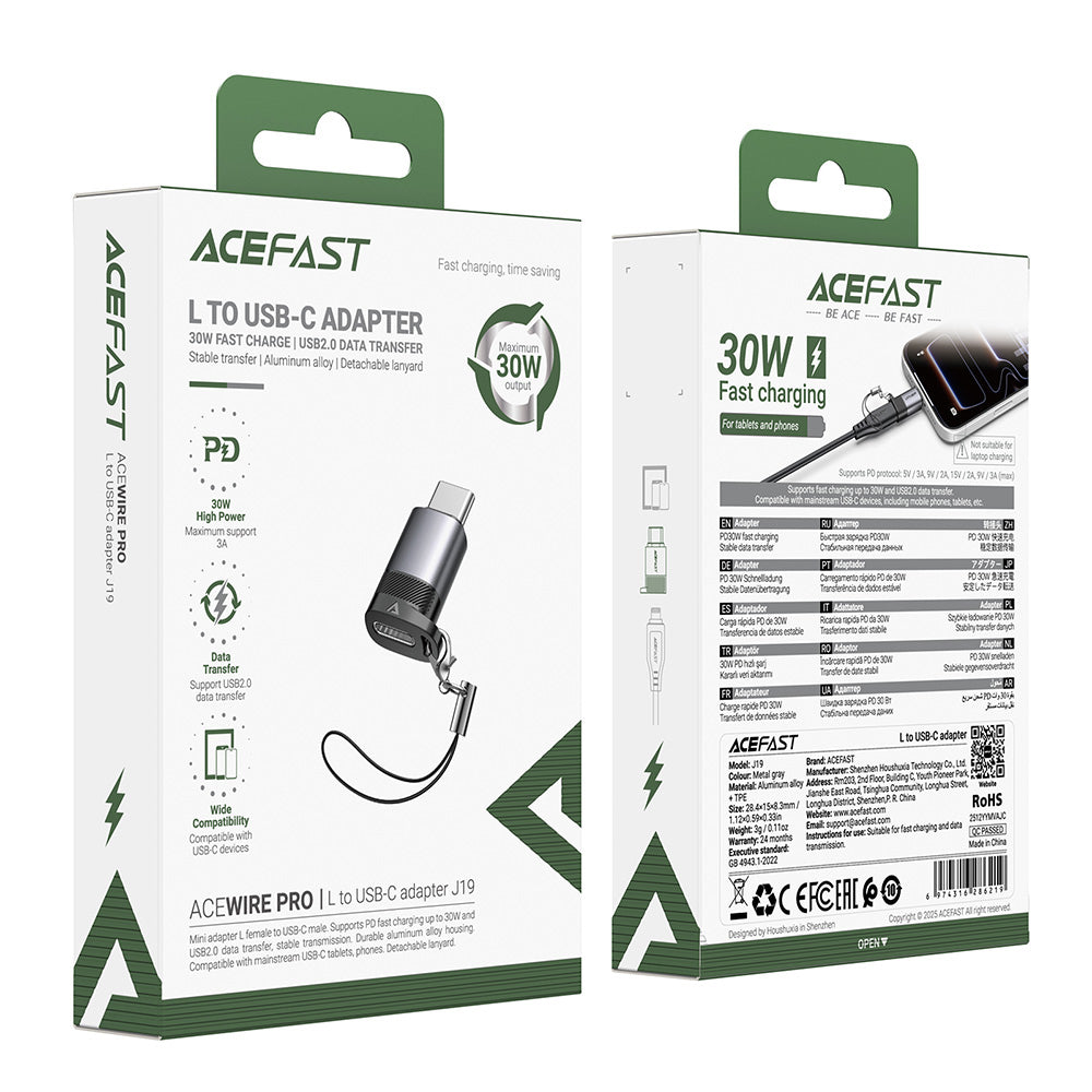 Adaptér pre dáta a nabíjanie Lightning - USB-C Acefast J19, Sivý