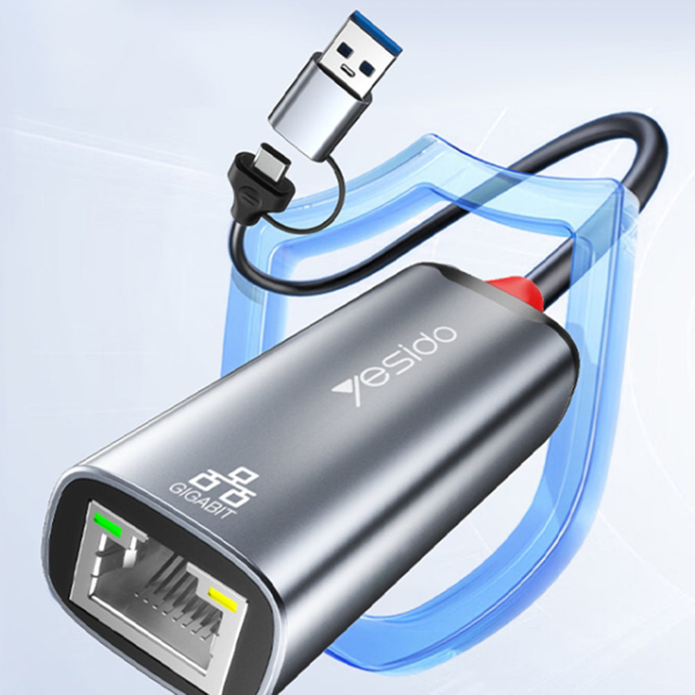Yesido HB26 Network Card, RJ45, USB / USB-C, Gray