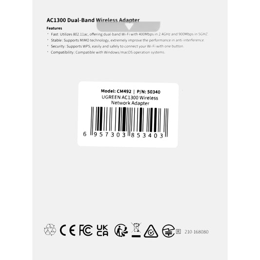 Bezdrôtový adaptér UGREEN CM492, dvojpásmový, 1300 Mb/s, sivý