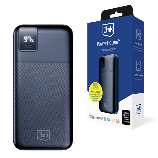 3MK PowerHouse externá batéria, 20000mAh, 22,5W, QC + PD, 1 x USB-A - 1 x USB-C, čierna