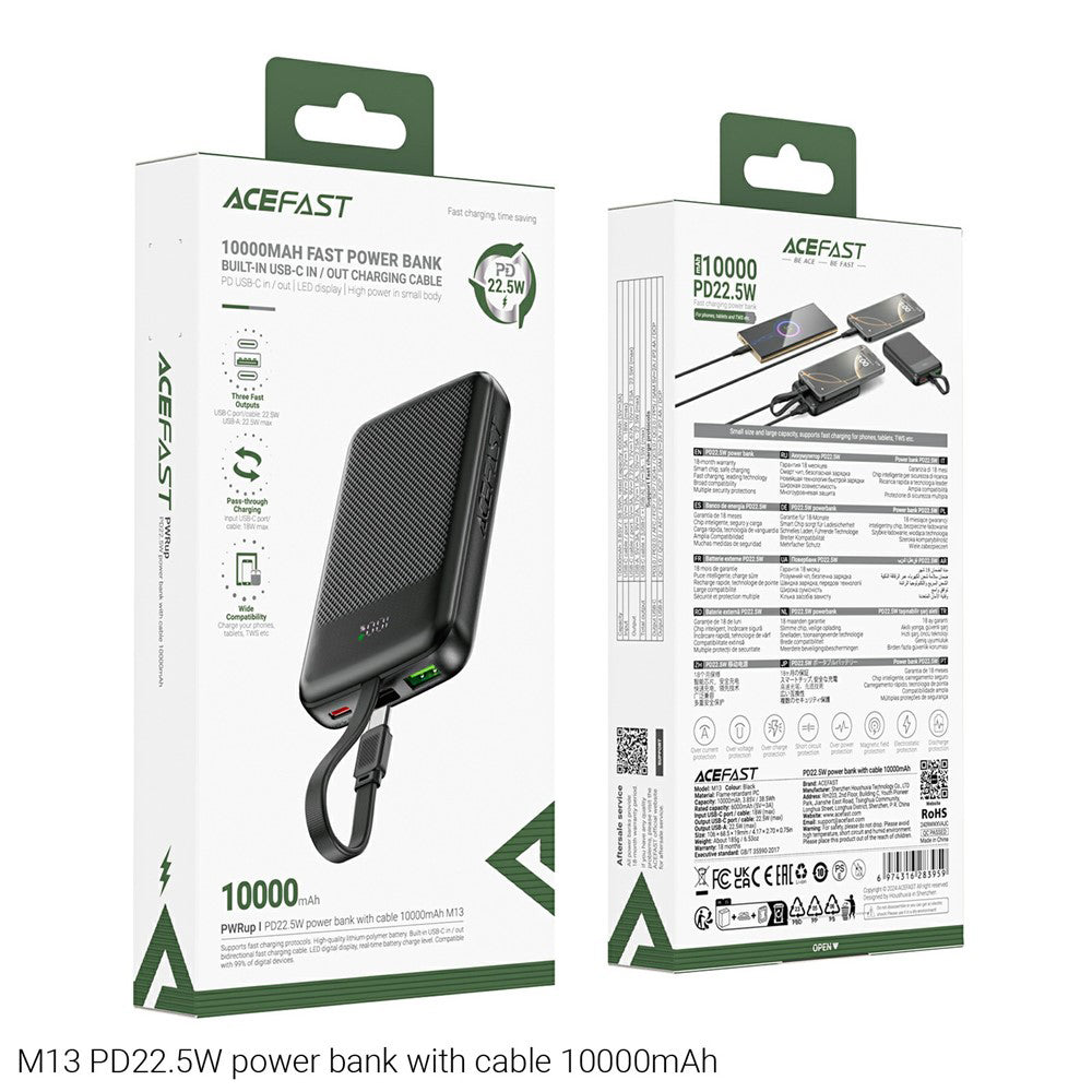 Externá batéria Acefast M13, 10000mAh, 22.5W, QC + PD, 1 x USB-A - 2 x USB-C, Čierna