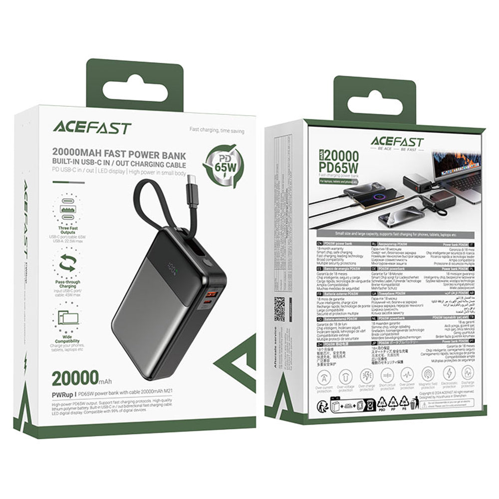 Externá batéria Acefast M21, 20000mAh, 65W, QC + PD, 1 x USB-A - 2 x USB-C, Čierna
