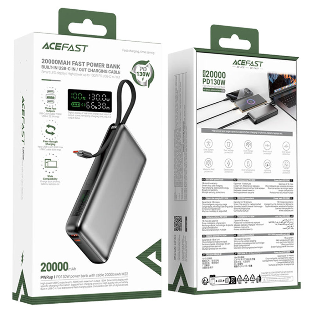Externá batéria Acefast M22, 20000mAh, 130W, QC + PD, 1 x USB-A - 2 x USB-C, Čierna