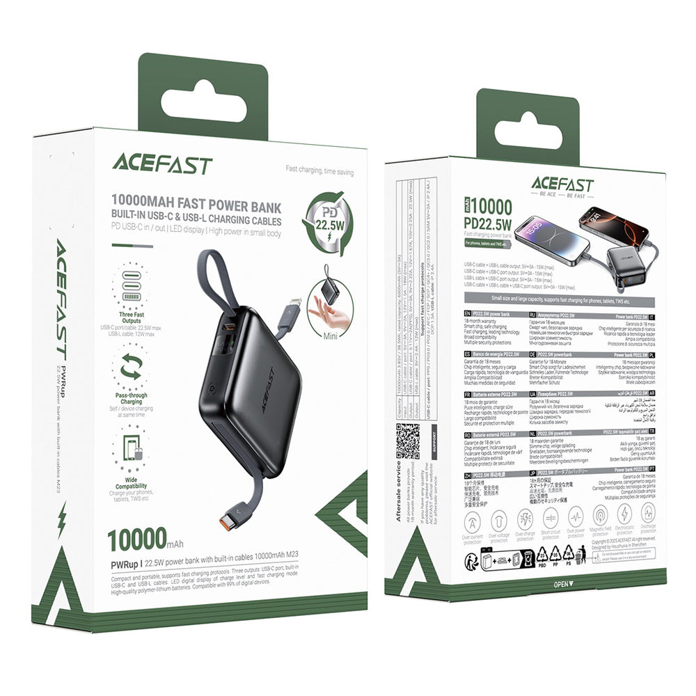 Externá batéria Acefast M23, 10000mAh, 22.5W, QC + PD, 1 x Lightning - 2 x USB-C, Sivá