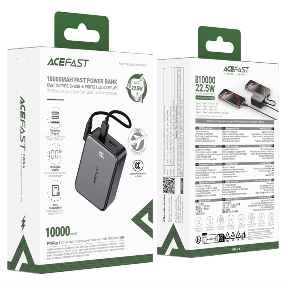 Externá batéria Acefast M28, 10000mAh, 22.5W, QC + PD, 1 x USB-A - 2 x USB-C, Čierna