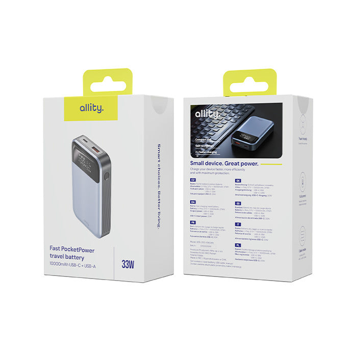 Externá batéria Allity. APB-200 PocketPower, 10000mAh, 33W, QC + PD, 1 x USB-A - 1 x USB-C, Sivá
