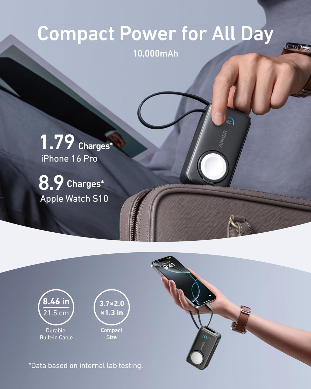 Externá bezdrôtová batéria Anker MagGo, 10000mAh, 35W, PD + QI, 1 x QI - 2 x USB-C, Čierna A1657011