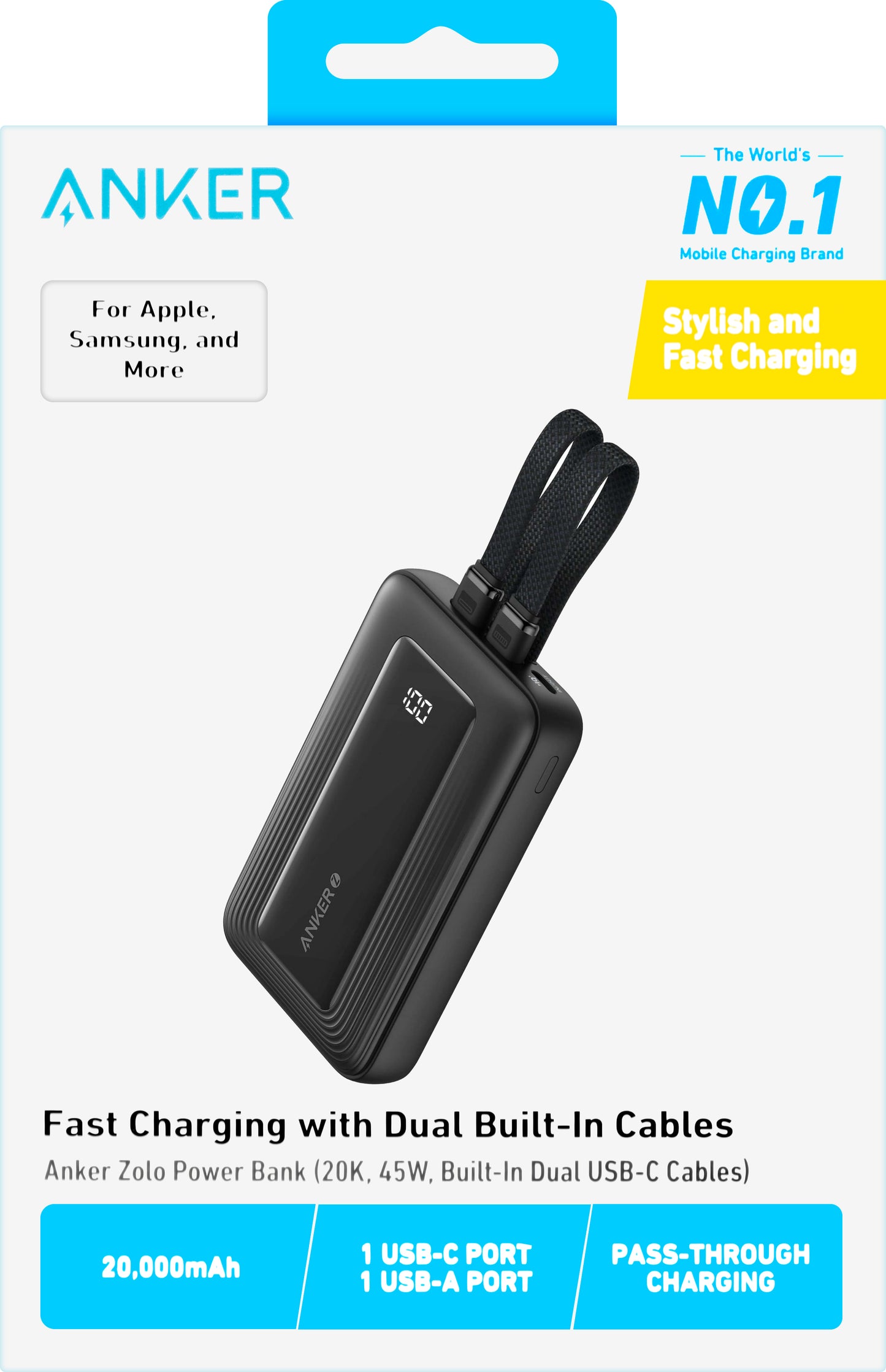 Externá batéria Anker Zolo, 20000mAh, 45W, QC + PD, 1 x USB-A - 3 x USB-C, Čierna A1681H12