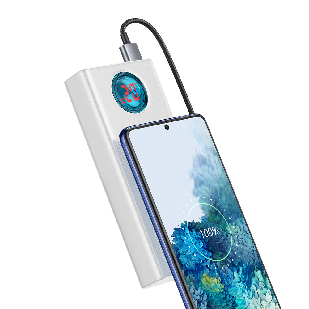 Externá batéria Baseus Amblight Digital Display, 30000mAh, 65W, QC + PD, 1 x USB-C - 4 x USB-A, Biela PPLG000102