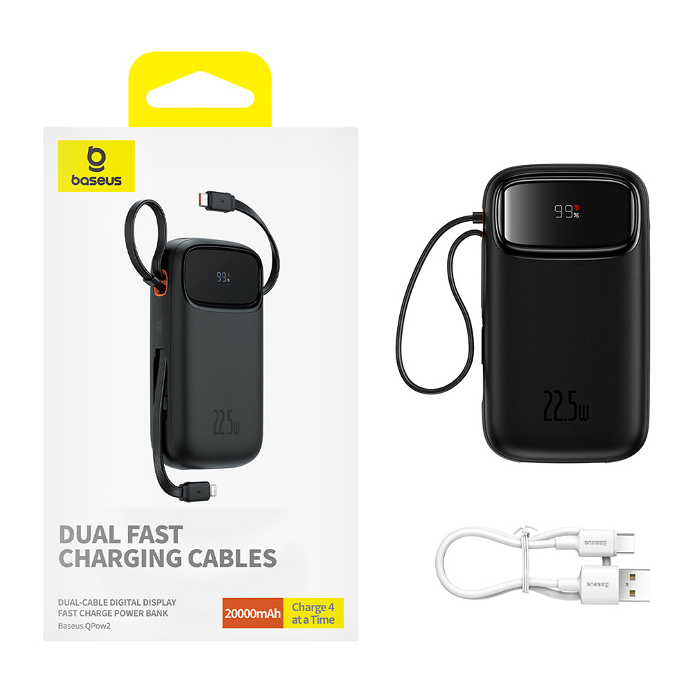 Baseus Qpow Pro+ External Battery, 20000mAh, 22.5W, QC + PD, 1 x Lightning - 1 x USB-A - 2 x USB-C, Black P10055002113-00