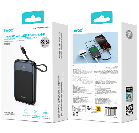 Bezdrôtová externá batéria BWOO BO-P80, 10000mAh, 22,5W, PD + FQI, 1 x QI - 2 x USB-C, čierna