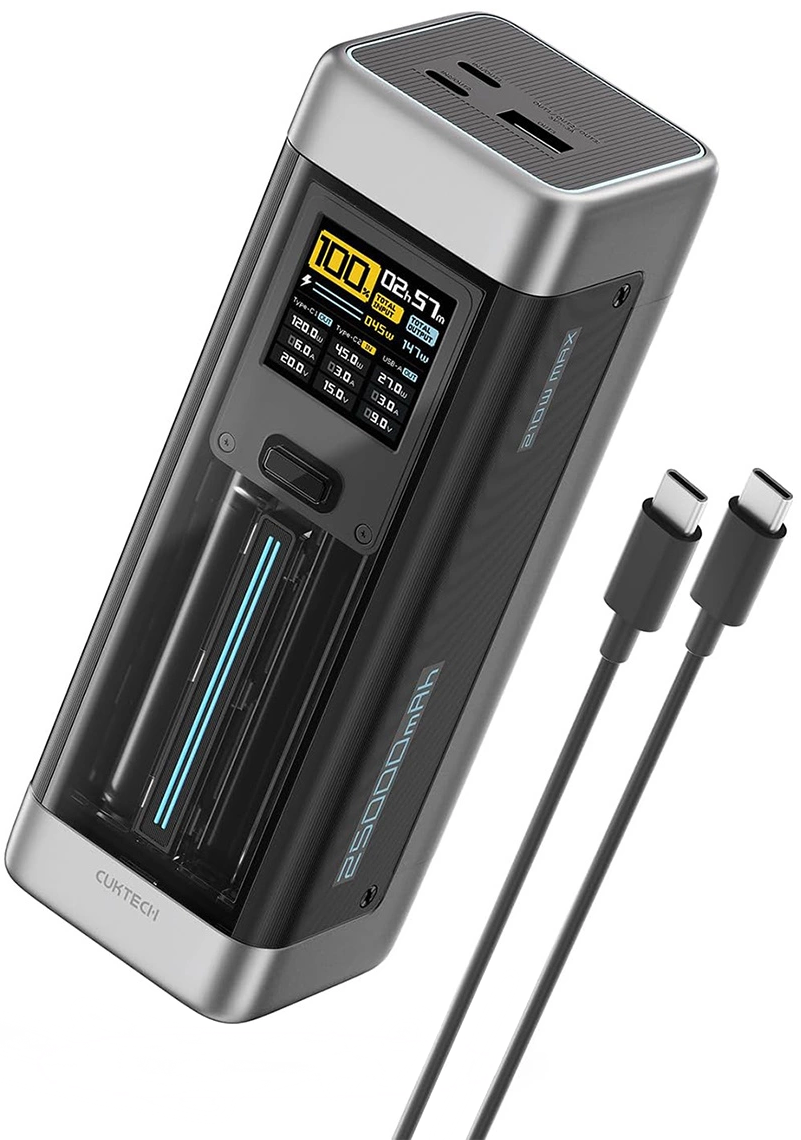 Externá batéria Cuktech, 25000mAh, 210W, QC + PD, 1 x USB-A - 2 x USB-C, Čierna CUK00P23GLBK