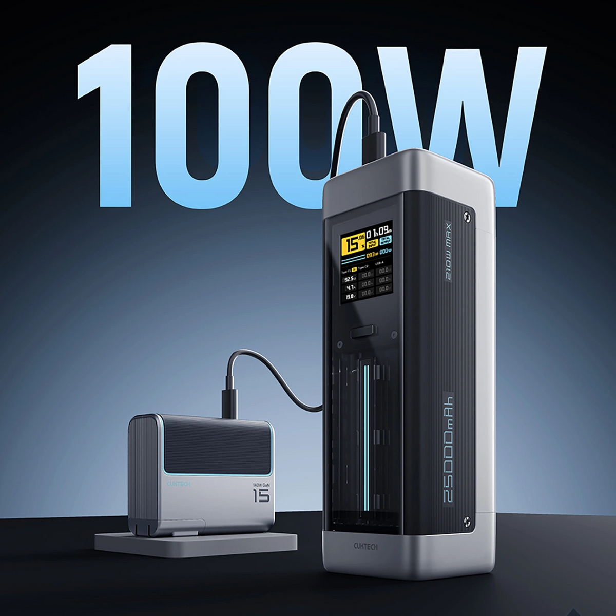 Externá batéria Cuktech, 25000mAh, 210W, QC + PD, 1 x USB-A - 2 x USB-C, Čierna CUK00P23GLBK