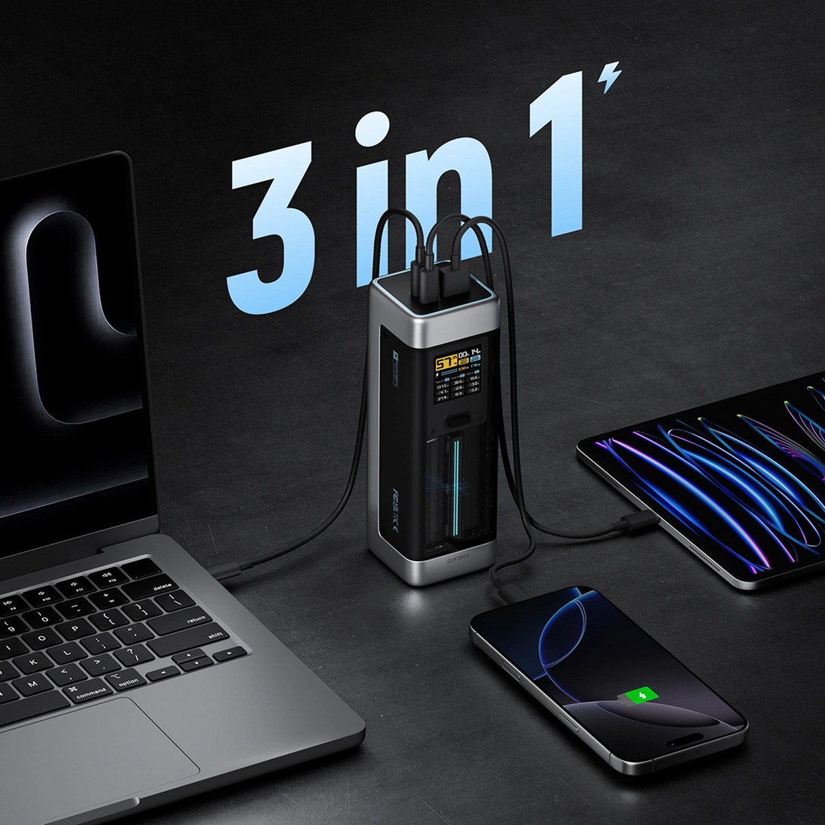 Externá batéria Cuktech, 25000mAh, 210W, QC + PD, 1 x USB-A - 2 x USB-C, Čierna CUK00P23GLBK