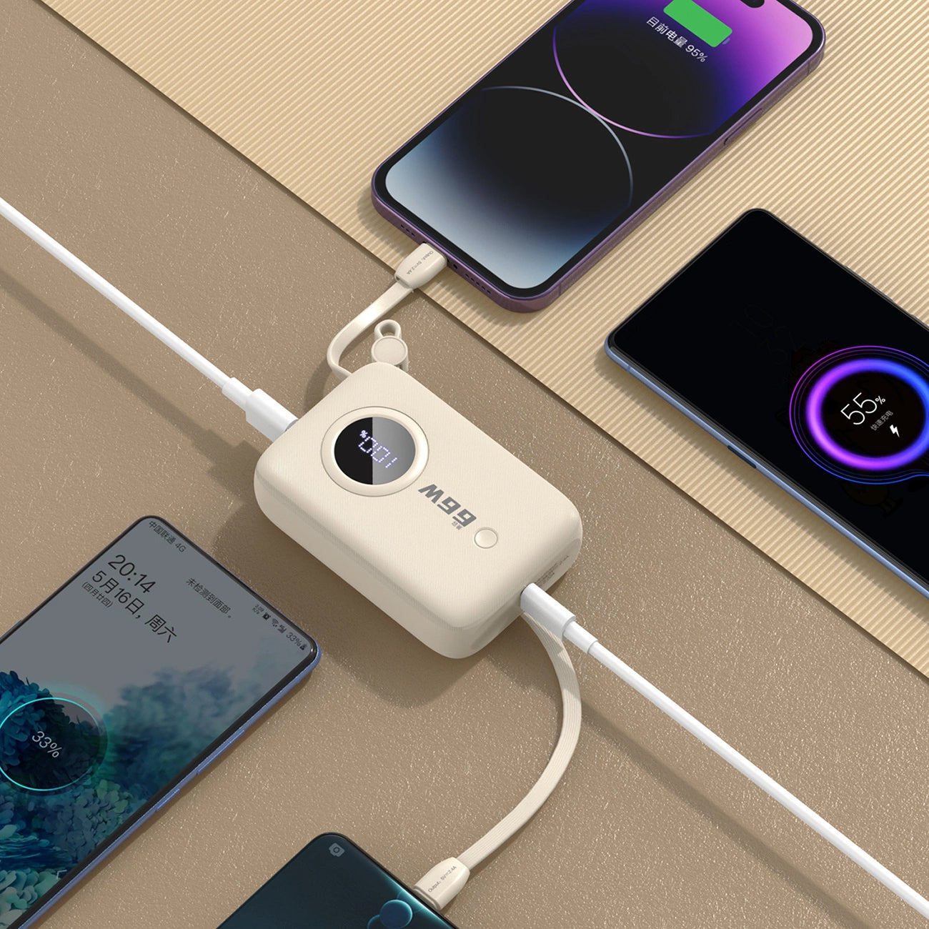 Dudao K14 External Battery, 10000mAh, 22.5W, QC + PD, 1 x Lightning - 1 x USB-A - 2 x USB-C, Beige