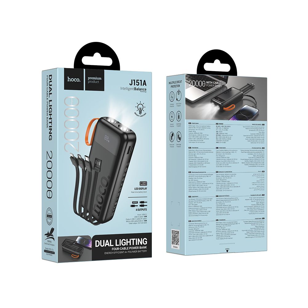 Externá batéria HOCO J151A, 20000mAh, 10W, 1 x Lightning - 1 x microUSB - 1 x USB-A - 1 x USB-C, čierna