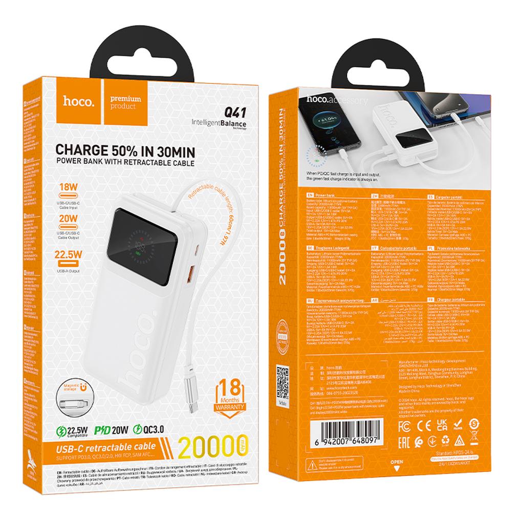 Externá batéria HOCO Q41, 20000 mAh, 22,5 W, QC + PD, 1 × USB-A – 2 × USB-C, biela