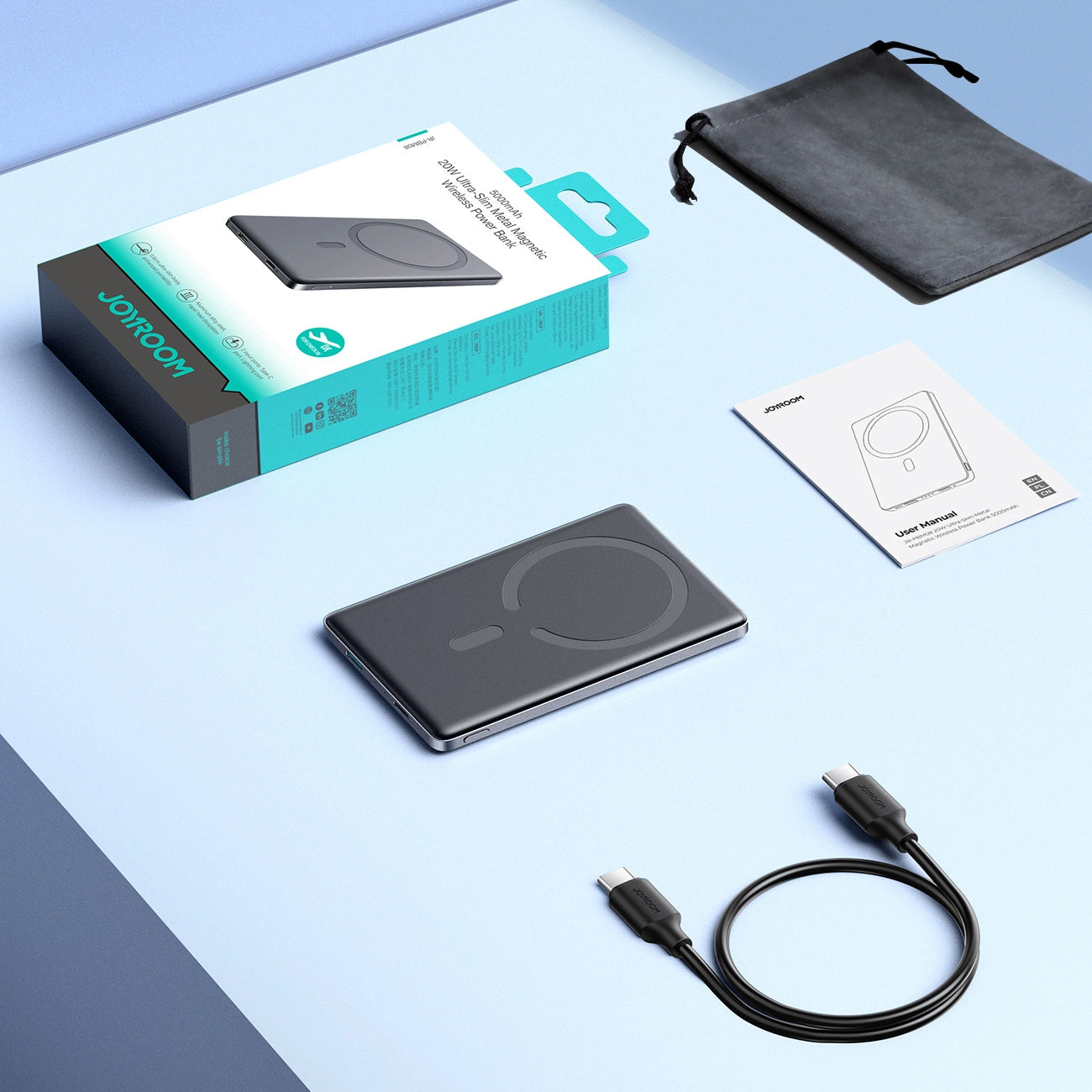 Externá bezdrôtová batéria Joyroom JR-PBM08, 5000mAh, 20W, PD + FQI, 1 x QI - 1 x USB-C, Sivá