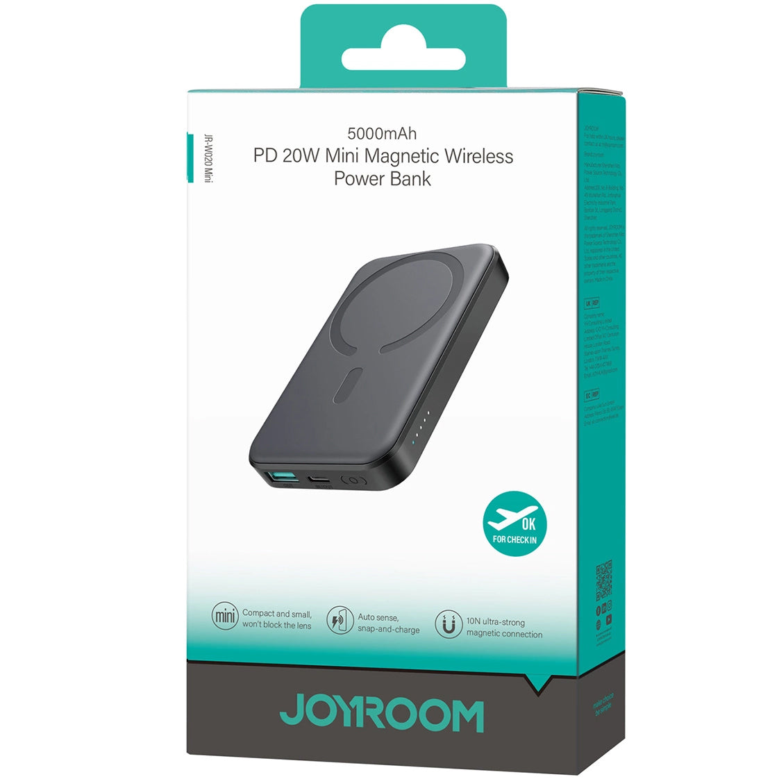 Externá bezdrôtová batéria Joyroom JR-W020 Mini, 5000mAh, 20W, QC + PD + FQI, 1 x QI - 1 x USB-A - 1 x USB-C, Čierna