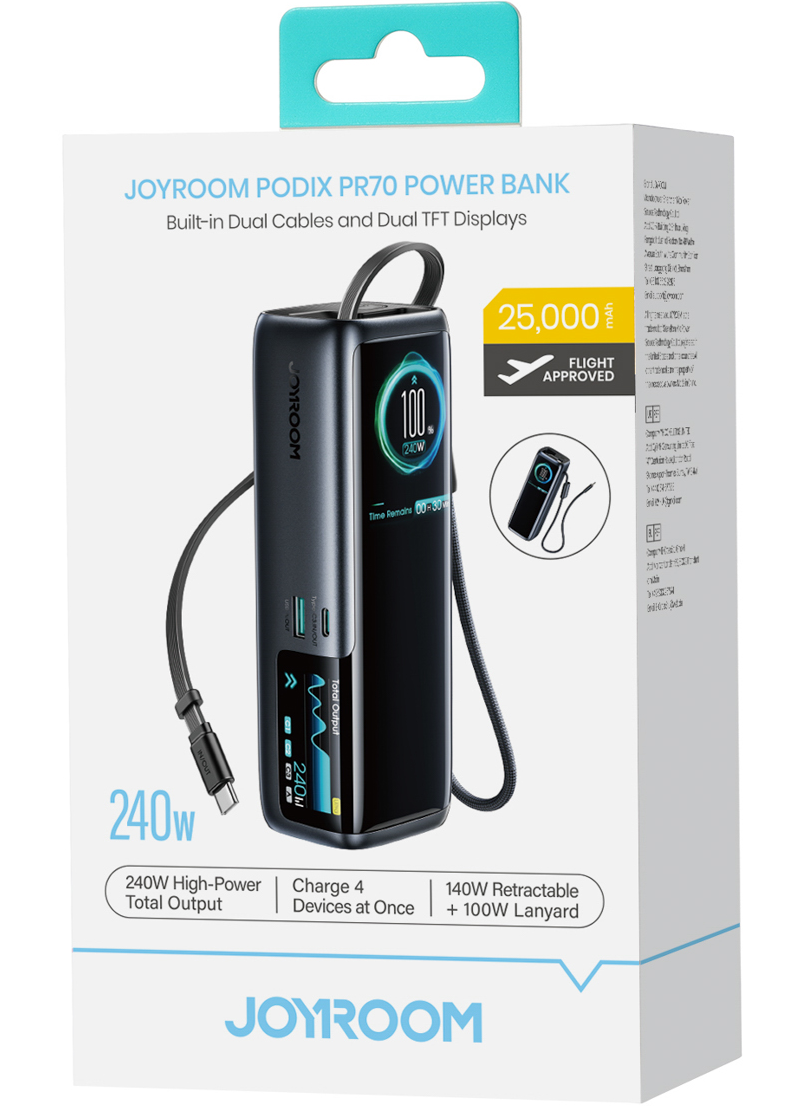 Externá batéria Joyroom PODIX PR70, 25000 mAh, 240 W, QC + PD, 1 × USB-A – 3 × USB-C, čierna