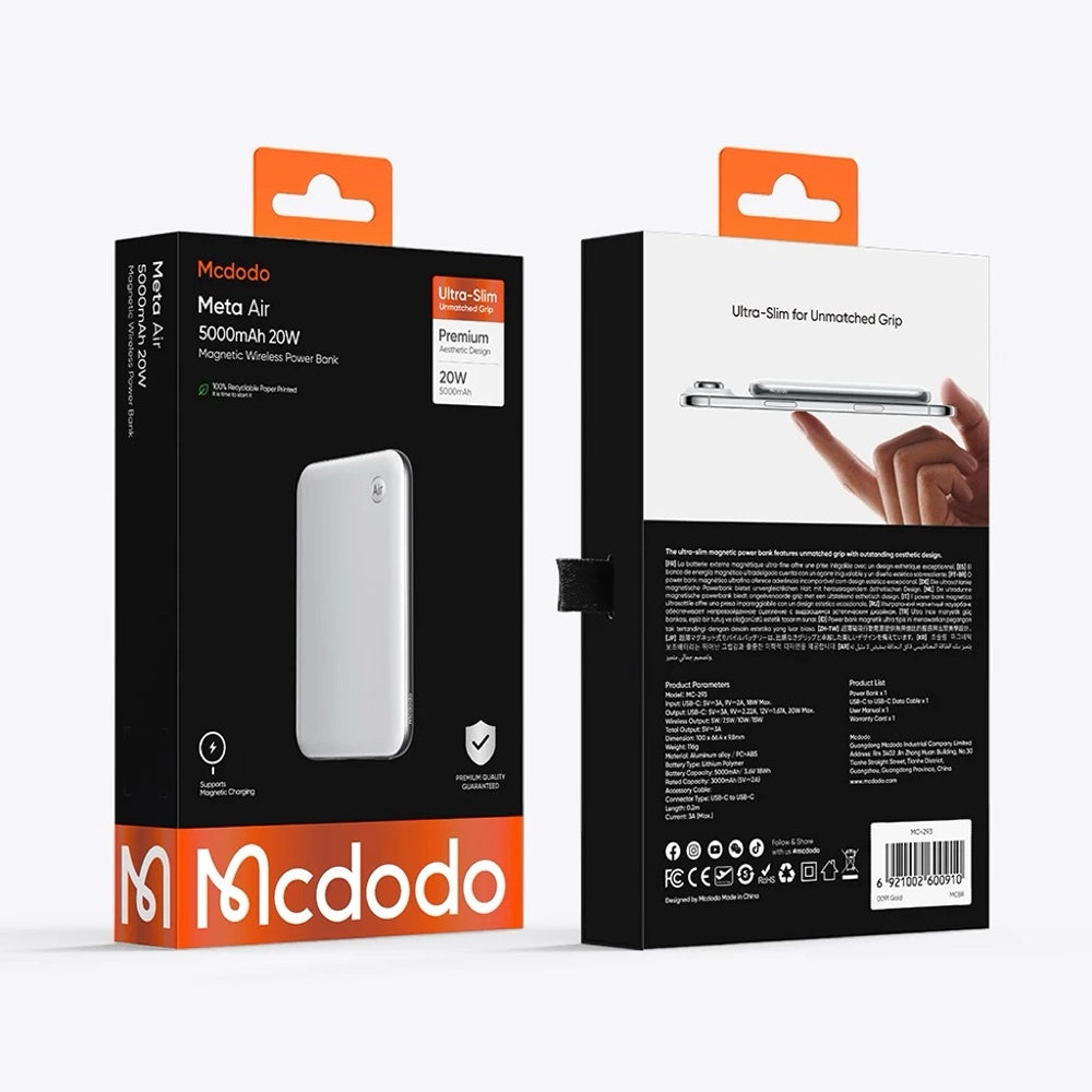 Bezdrôtová externá batéria McDodo MC-2931 Meta Air, 5000mAh, 20W, PD + FQI, 1 x QI - 1 x USB-C, čierna