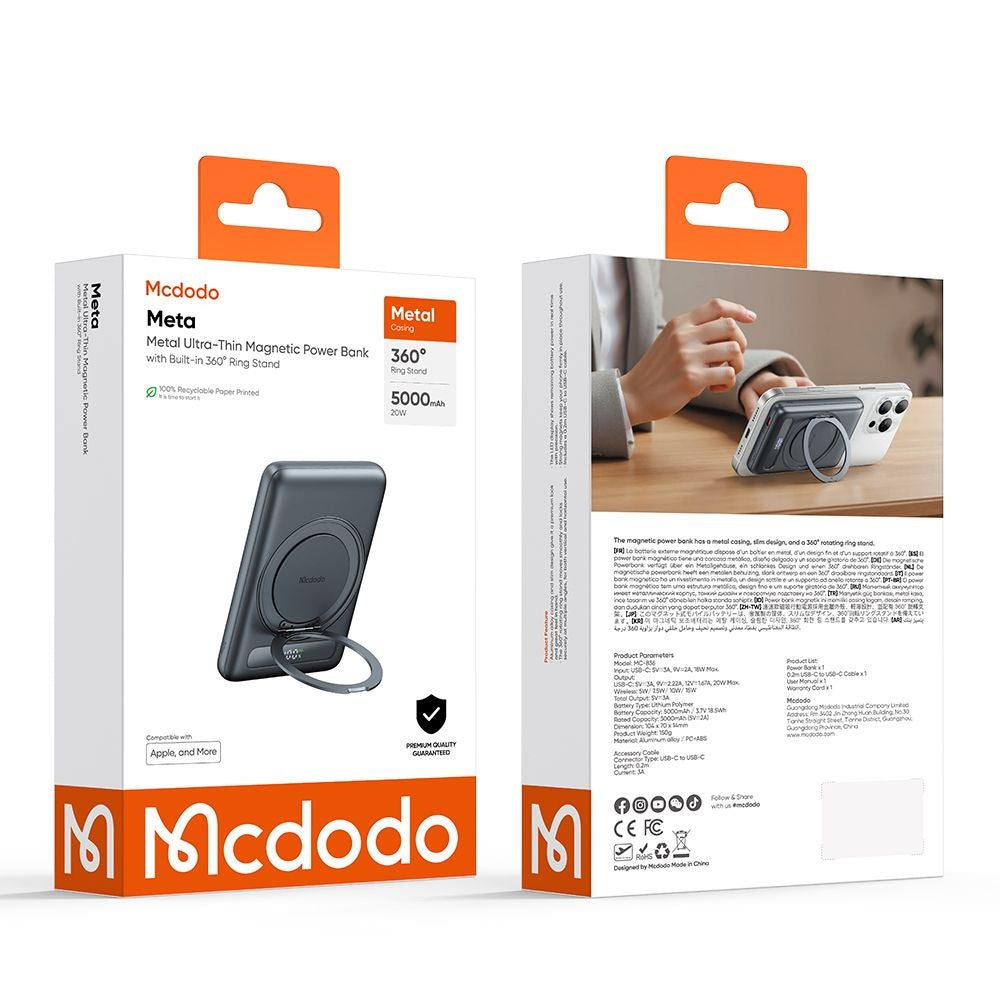 Externá bezdrôtová batéria McDodo MC-8361 Meta, 5000mAh, 20W, PD + FQI, 1 x QI - 1 x USB-C, Sivá