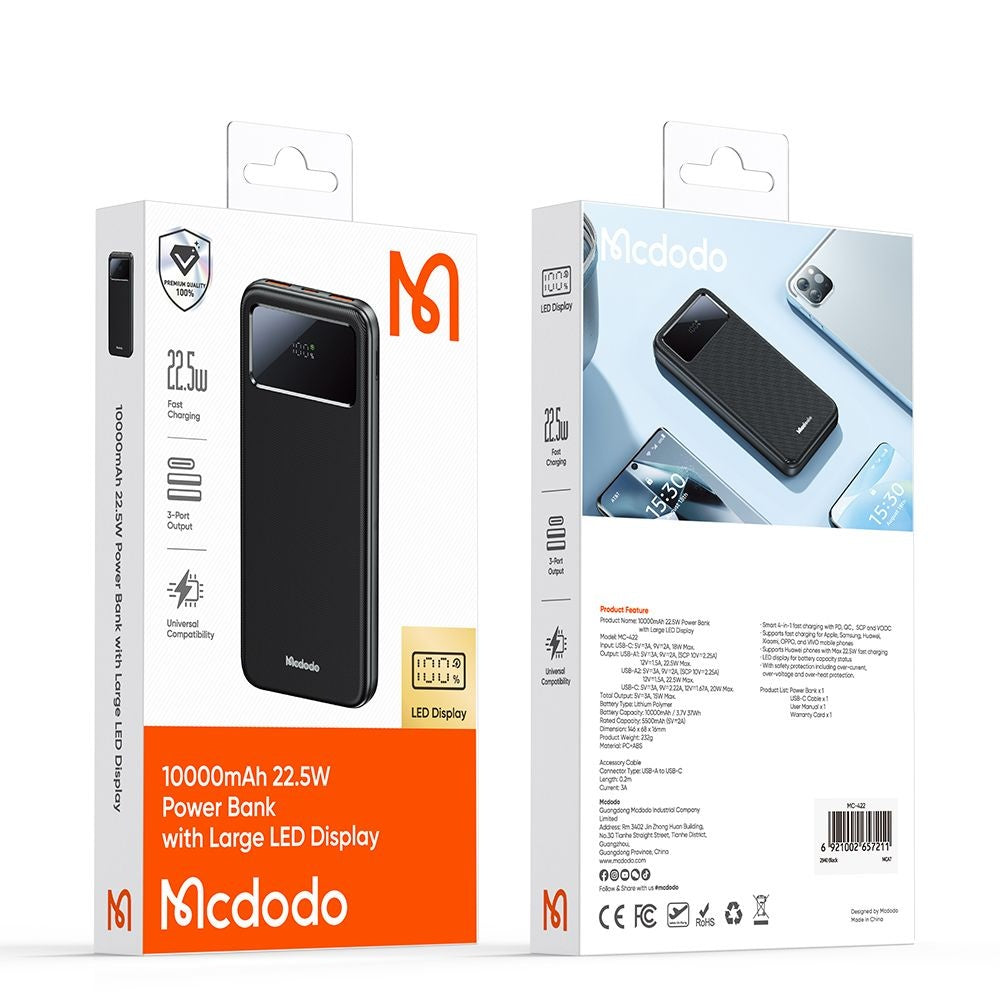Externá batéria McDodo MC-4220, 10000mAh, 22.5W, QC + PD, 2 x USB-A - 1 x USB-C, Čierna