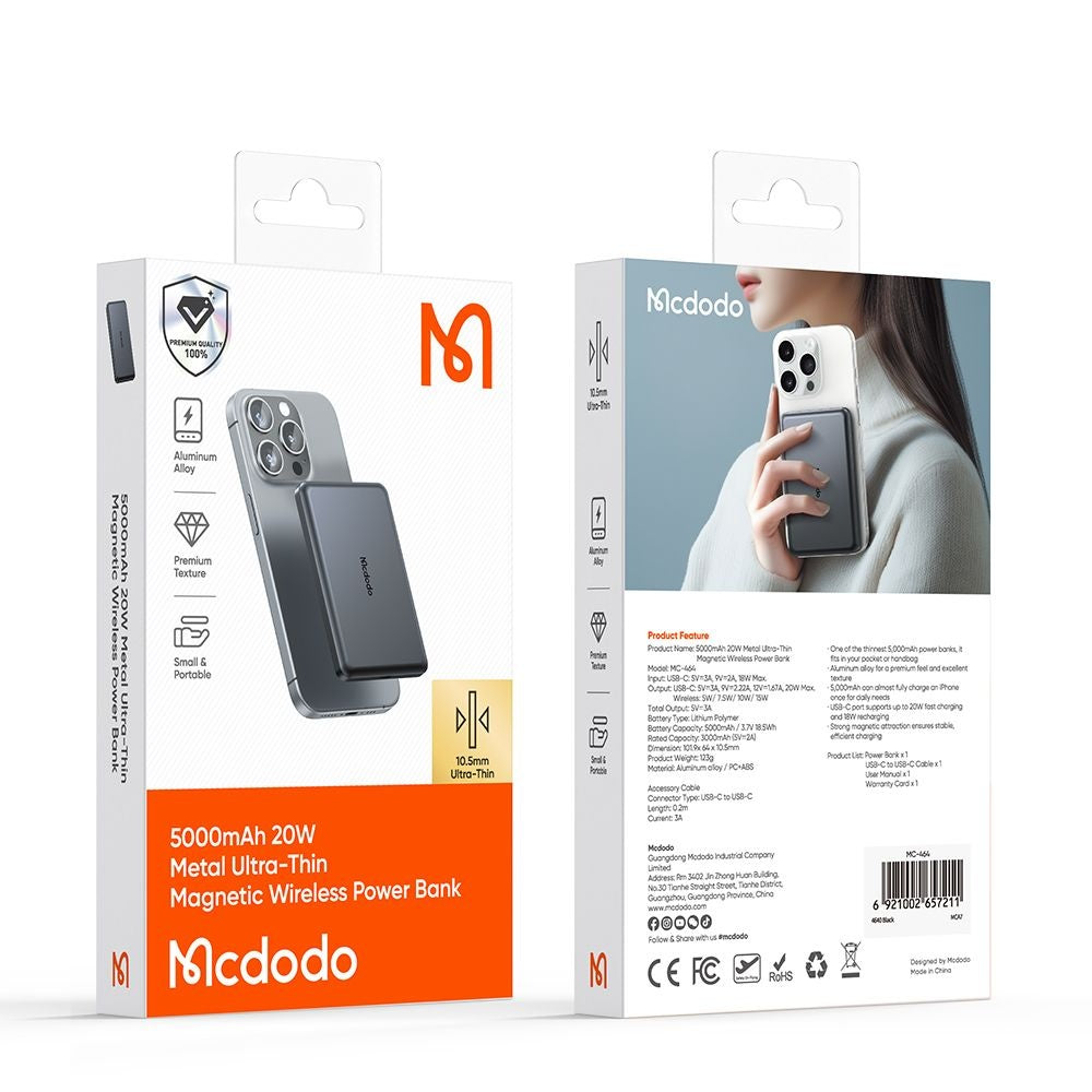 Externá bezdrôtová batéria McDodo MC-4641 Meta, 5000mAh, 20W, PD + FQI, 1 x QI - 1 x USB-C, čierna