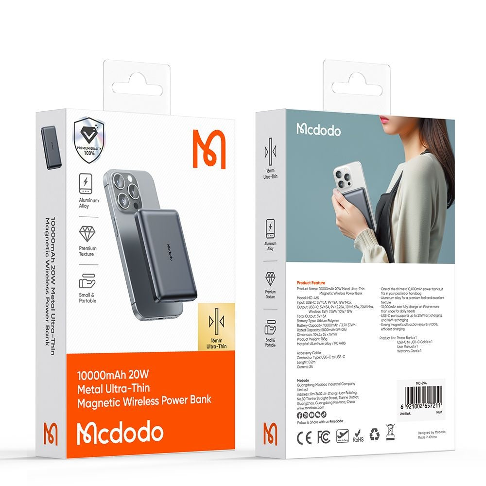 Externá bezdrôtová batéria McDodo MC-4651 Meta, 10000mAh, 20W, PD + FQI, 1 x QI - 1 x USB-C, Čierna