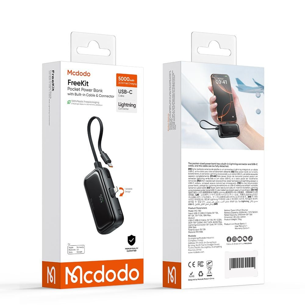Externá batéria McDodo MC-7800 Freekit, 5000mAh, 22.5W, PD, 1 x Lightning - 2 x USB-C, Čierna