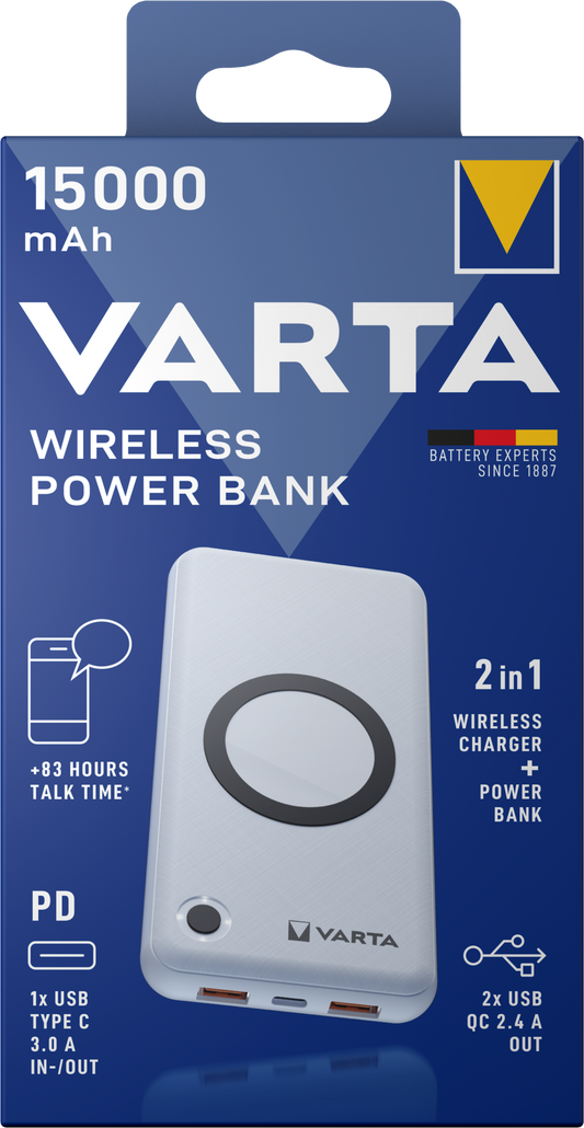 Bezdrôtová externá batéria Varta Energy, 15000 mAh, 18 W, QC + PD + FQI, 1 x QI - 1 x USB-C - 2 x USB-A, biela