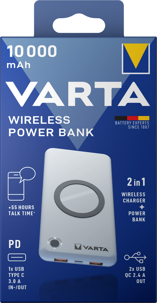 Bezdrôtová externá batéria Varta Energy, 10000 mAh, 18 W, QC + PD + FQI, 1 x QI - 1 x USB-C - 2 x USB-A, biela