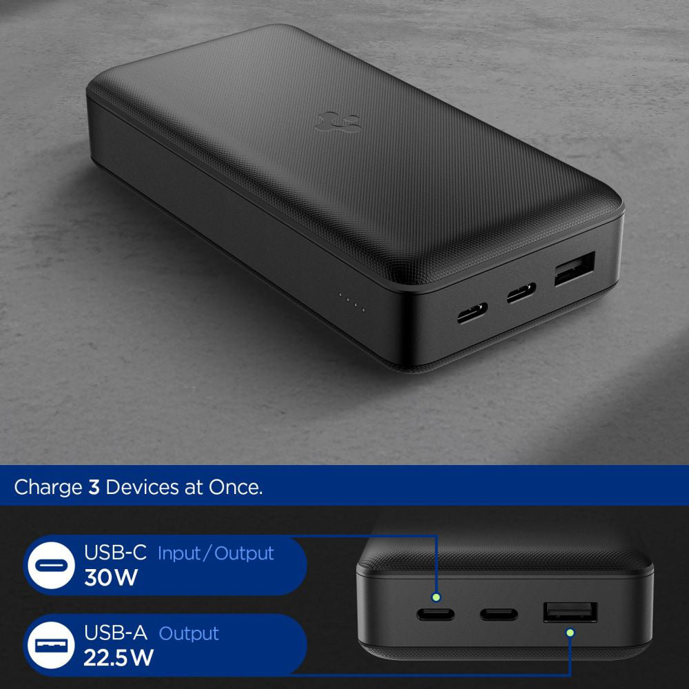 Externá batéria Spigen, 20000mAh, 30W, QC + PD, 1 x USB-A - 2 x USB-C, Čierna ABA09433