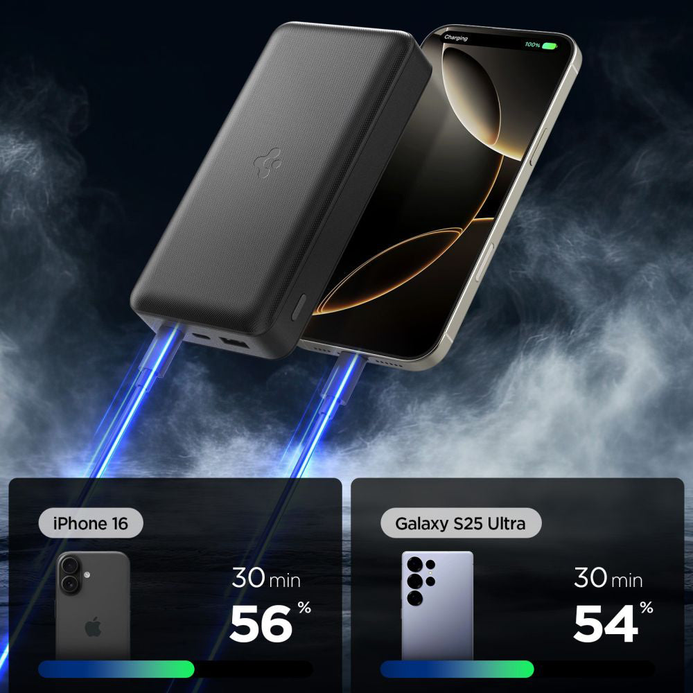 Externá batéria Spigen, 20000mAh, 30W, QC + PD, 1 x USB-A - 2 x USB-C, Čierna ABA09433