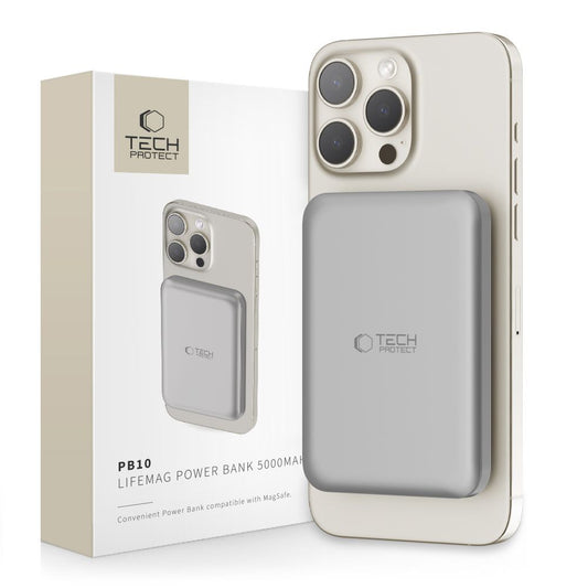 Tech-Protect PB10 LifeMag bezdrôtová externá batéria, 5000 mAh, 15 W, PD + FQI, 1 x QI - 1 x USB-C, sivá
