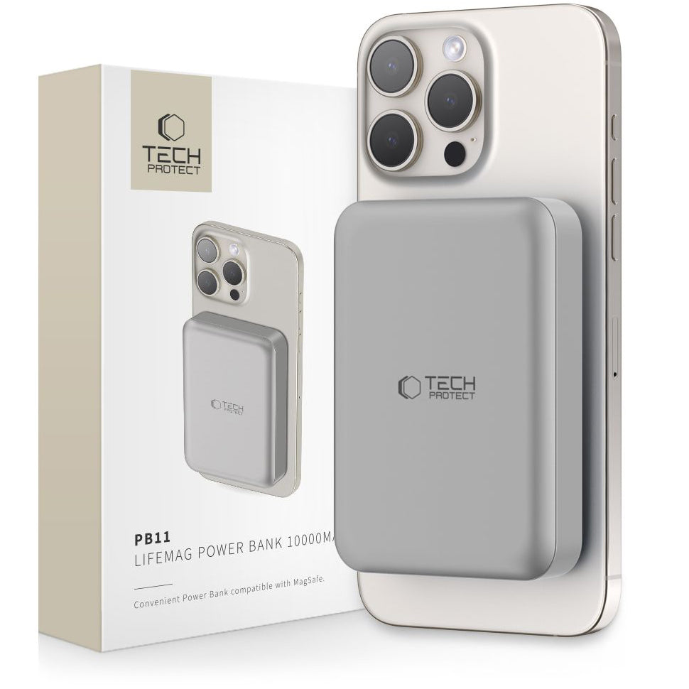 External Wireless Battery Tech-Protect PB11 LifeMag, 10000mAh, 15W, PD + FQI, 1 x QI - 1 x USB-C, Grey