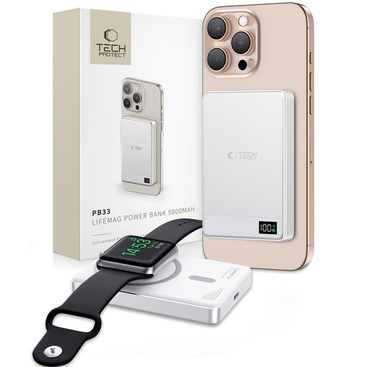 Tech-Protect PB33 LifeMag bezdrôtová externá batéria, 5000 mAh, 15 W, FQI, 1 x QI - 1 x USB-C, sivá