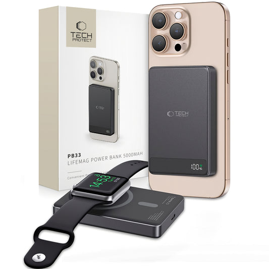 Tech-Protect PB33 LifeMag bezdrôtová externá batéria, 5000 mAh, 15 W, FQI, 1 x QI - 1 x USB-C, čierna