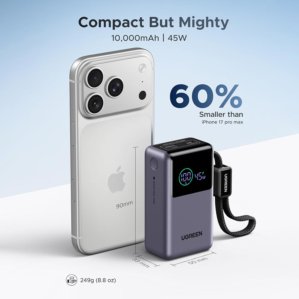 Externá batéria UGREEN Nexode Pro PB727 (85301B), 10000mAh, 55W, QC + PD, 1 x USB-A - 2 x USB-C, Sivá