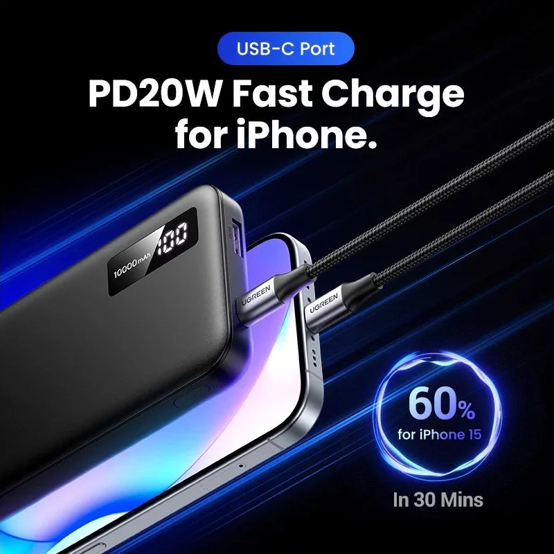Externá batéria UGREEN PB311, 10000mAh, 22.5W, QC + PD, 1 x USB-C - 2 x USB-A, Čierna