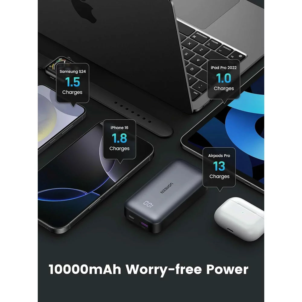 Externá batéria UGREEN PB502, 10000mAh, 30W, QC + PD, 1 x USB-A - 1 x USB-C, Sivá
