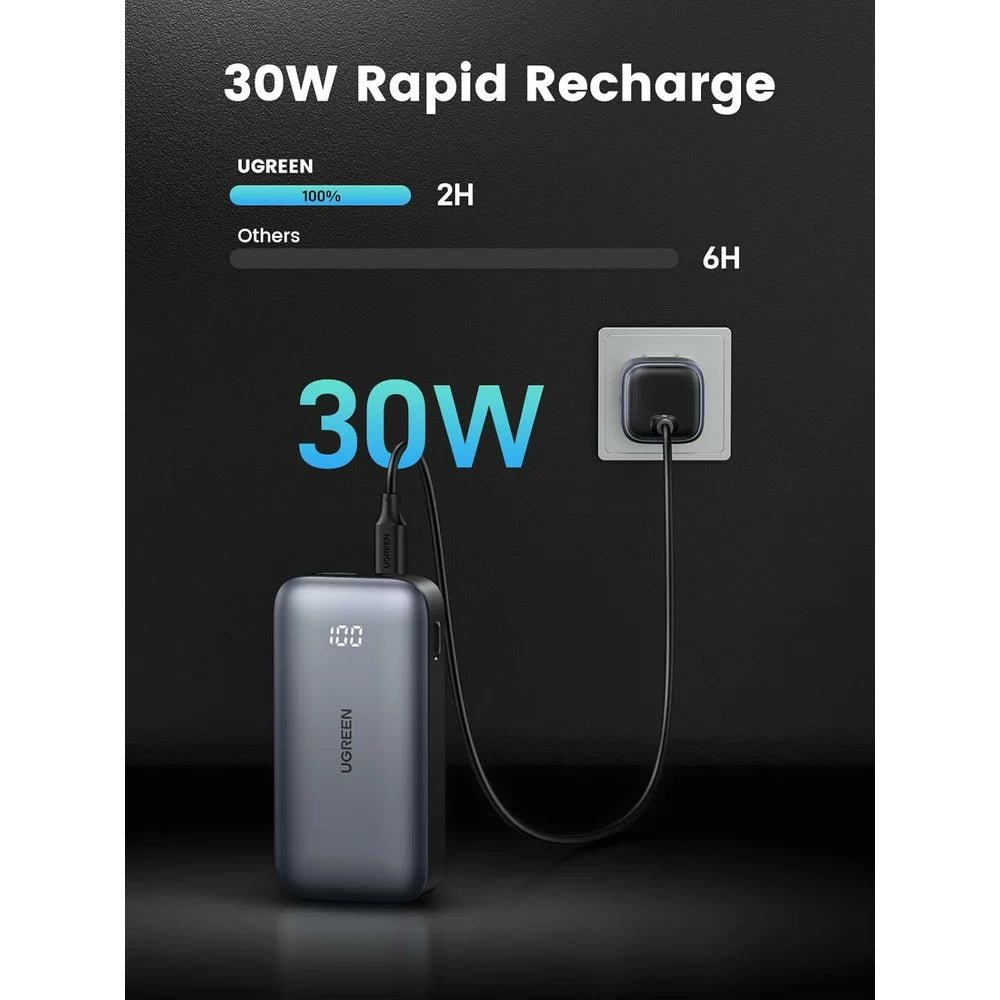 Externá batéria UGREEN PB502, 10000mAh, 30W, QC + PD, 1 x USB-A - 1 x USB-C, Sivá