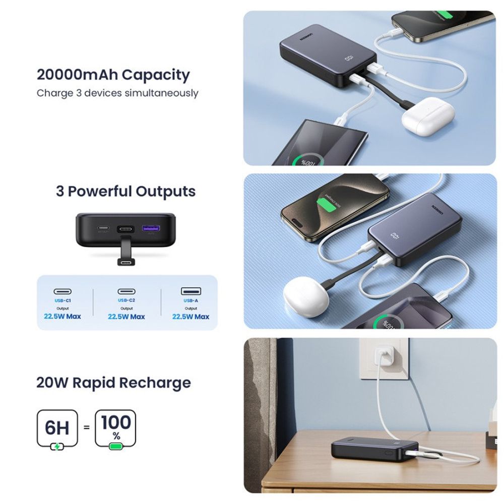 Externá batéria UGREEN PB505, 20000mAh, 22.5W, QC + PD, 1 x USB-A - 2 x USB-C, Sivá