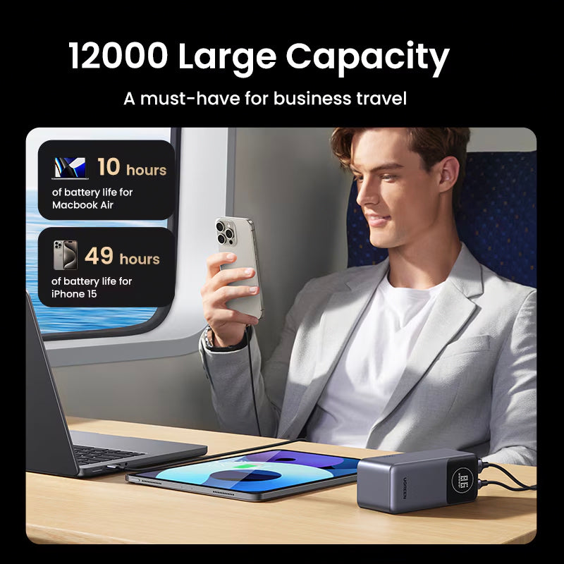 Externá batéria UGREEN PB724, 12000mAh, 100W, QC + PD, 1 x USB-A - 1 x USB-C, Sivá