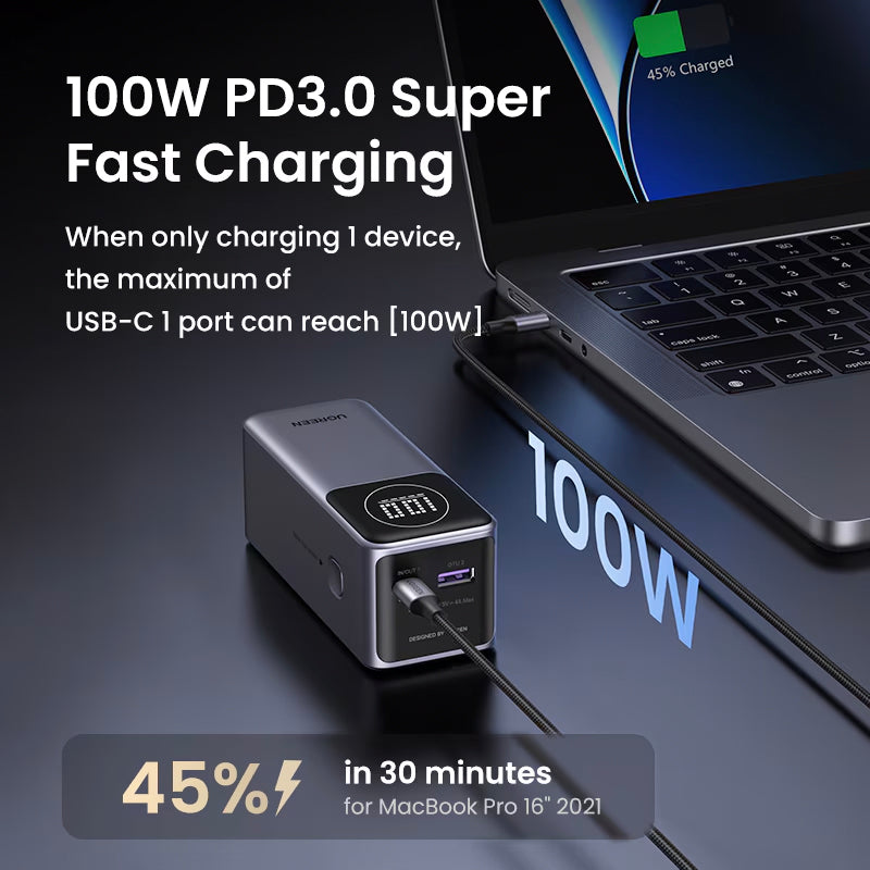 Externá batéria UGREEN PB724, 12000mAh, 100W, QC + PD, 1 x USB-A - 1 x USB-C, Sivá