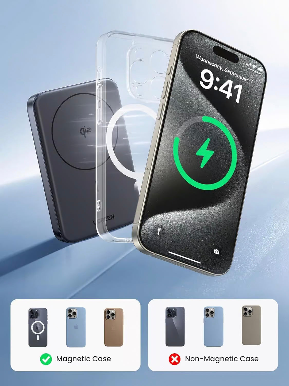 Externá batéria UGREEN PB761, 10000mAh, 30W, PD + FQI, 1 x QI - 1 x USB-C, Sivá